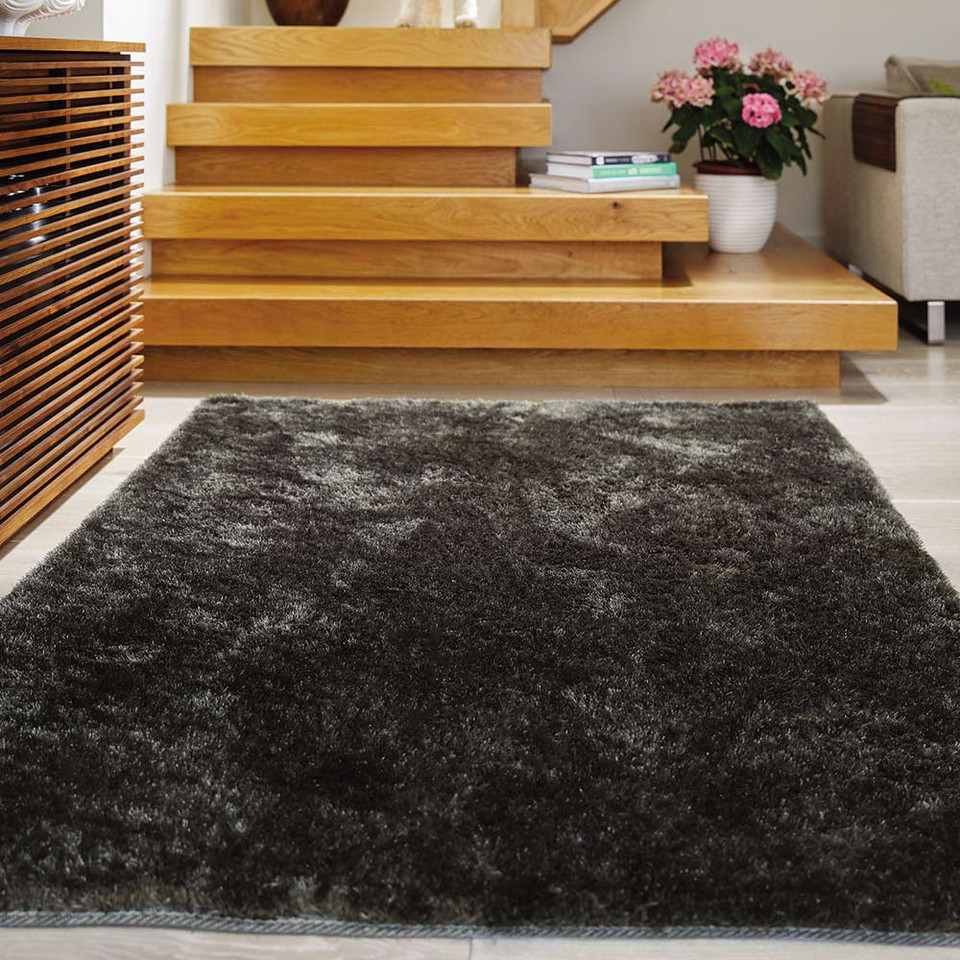 Origins Glamour Shimmer Charcoal Black Ridged Shaggy Rug