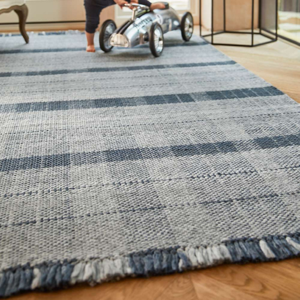 Origins Highland Check Navy Tartan Fringe Recycled Rug