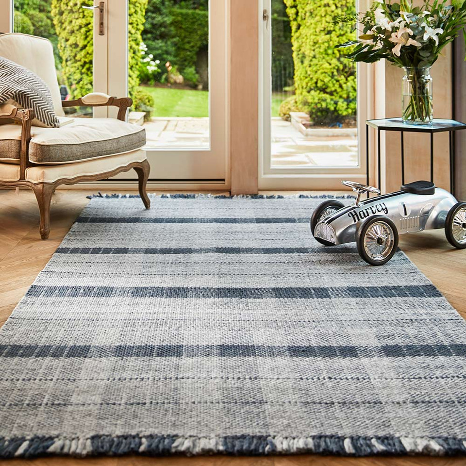 Origins Highland Check Navy Tartan Fringe Recycled Rug