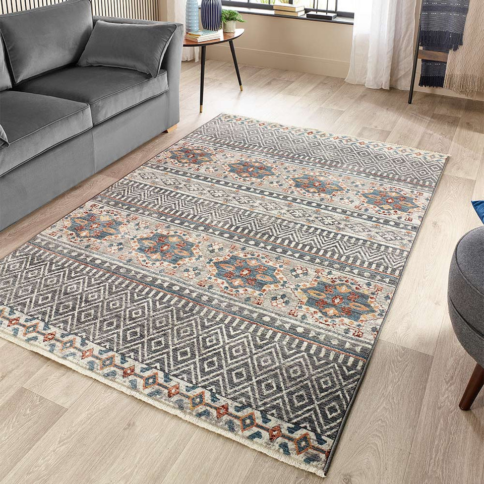 Origins Mandala Stripe Grey Traditional Fringe Rug
