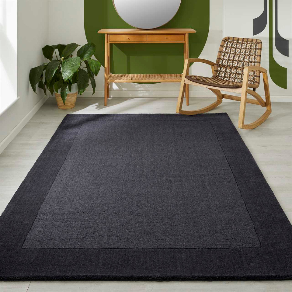 Colours Charcoal Wool Rug Plain Border