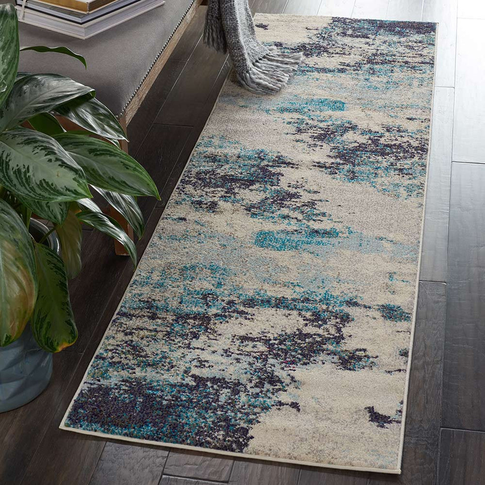 Celestial Ivory Teal Blue CES02 Rug Runner