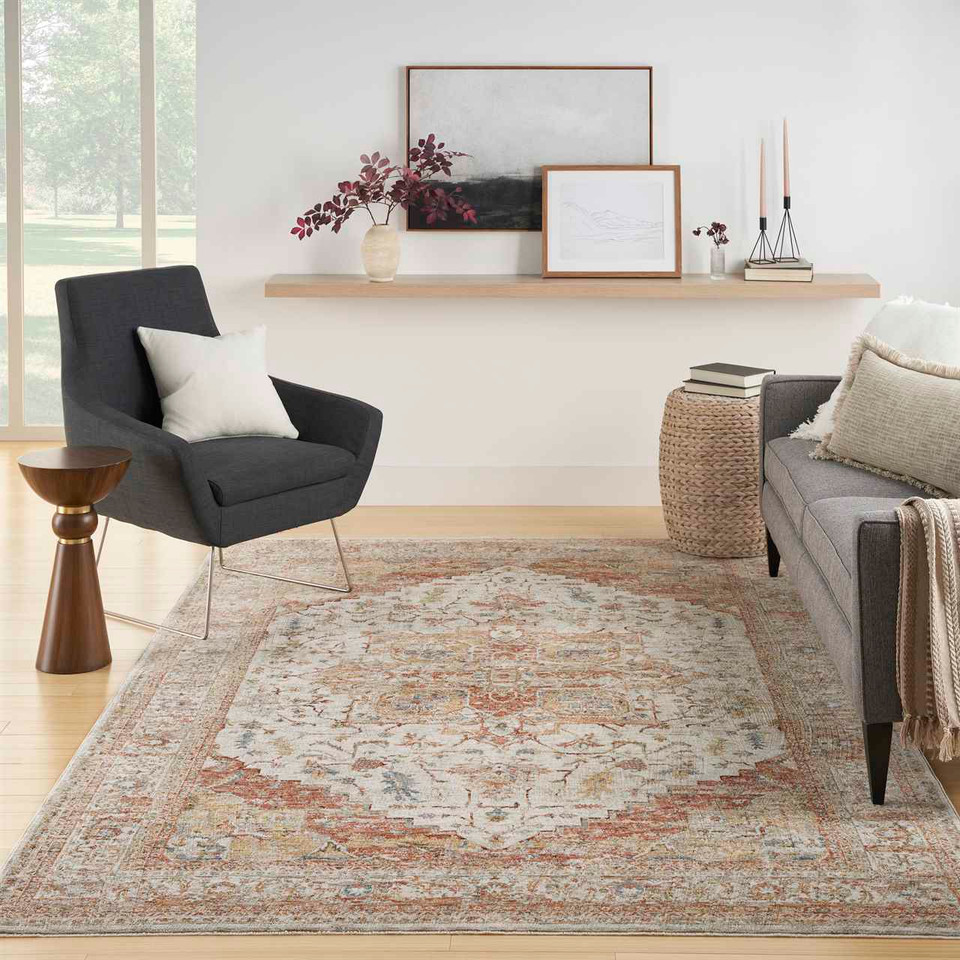 Sahar Traditional Silk Look Rug Ivory Rust 