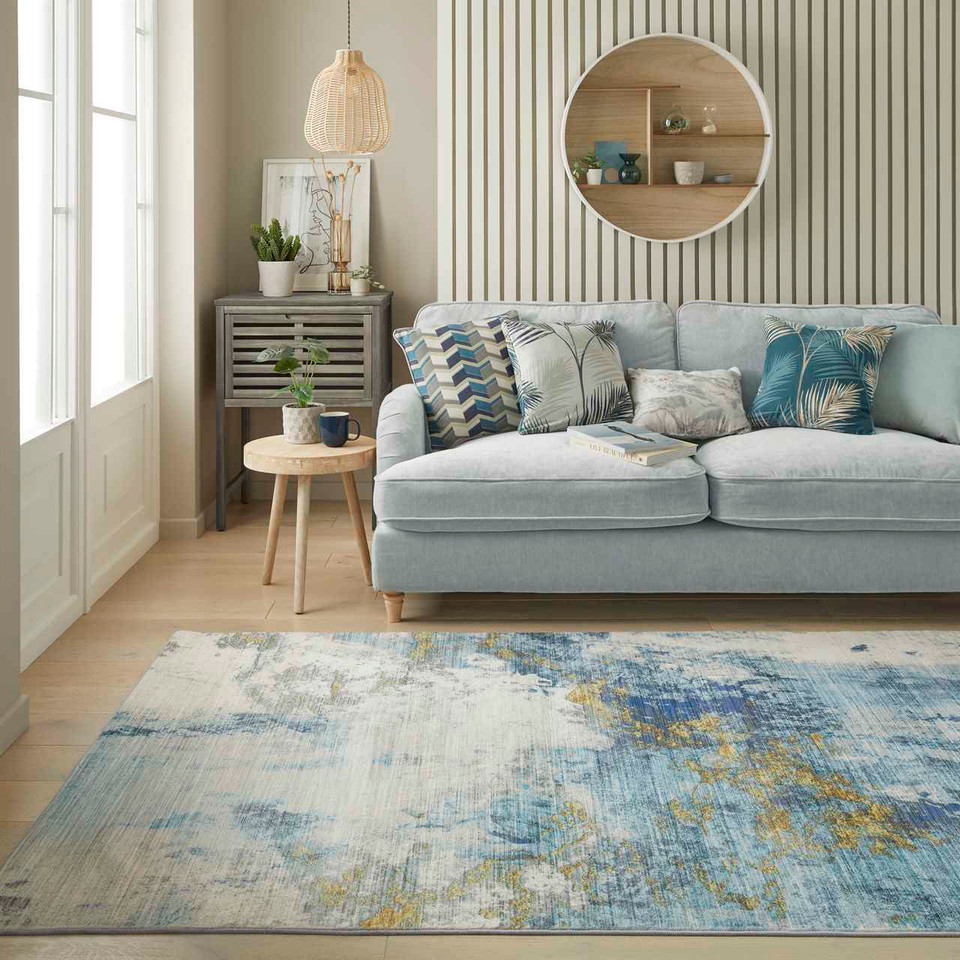 Washable Rug Modern Lux Blue Gold 