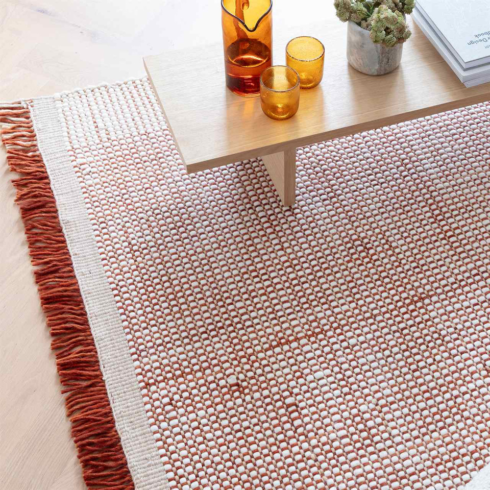 Avalon Rust Flatweave Thin Wool Rug with Fringe