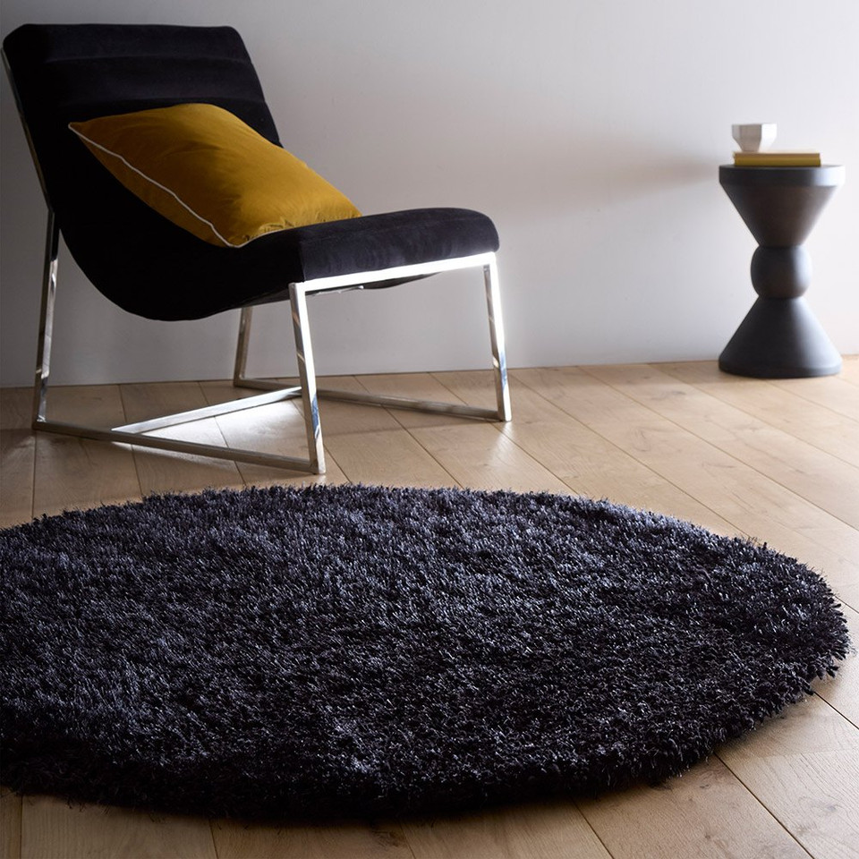 Origins Chicago Black Thick Shaggy Rug Circle