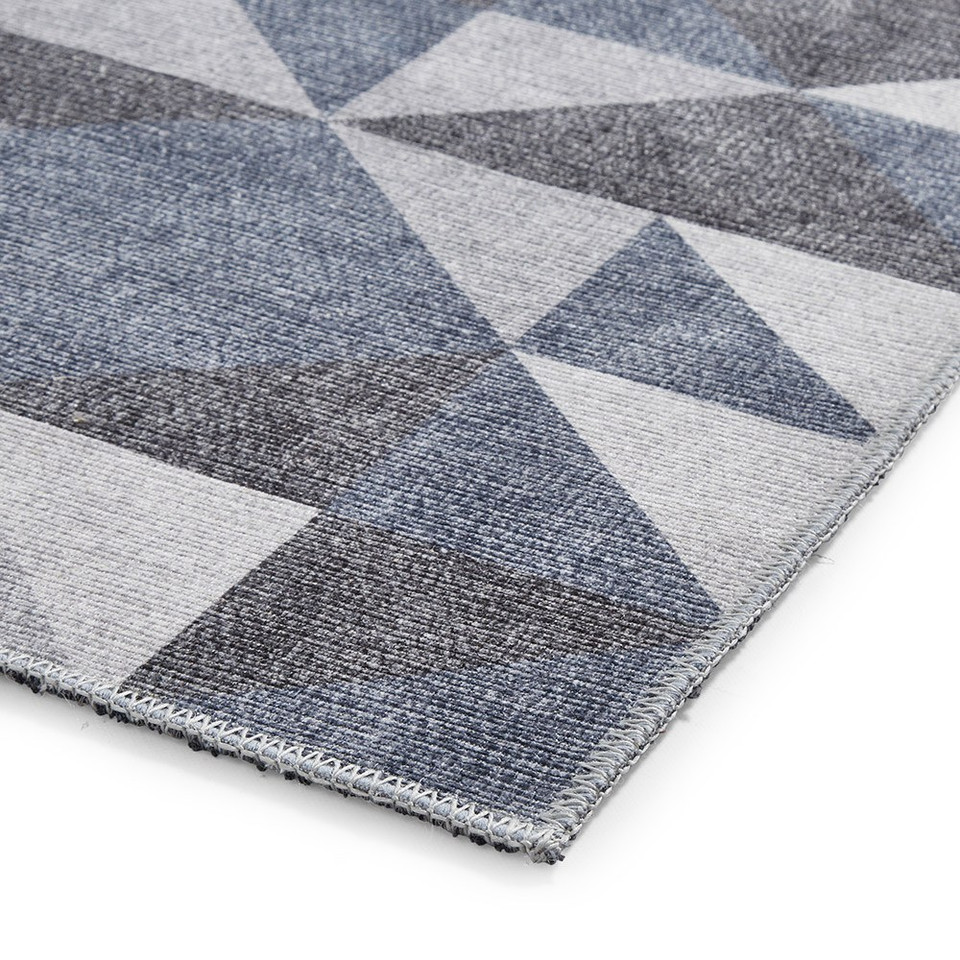 Coral Blue Grey Geometric Washable Rug