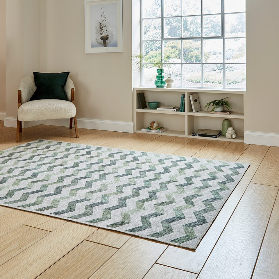 Coral Green Geometric Waves Washable Rug