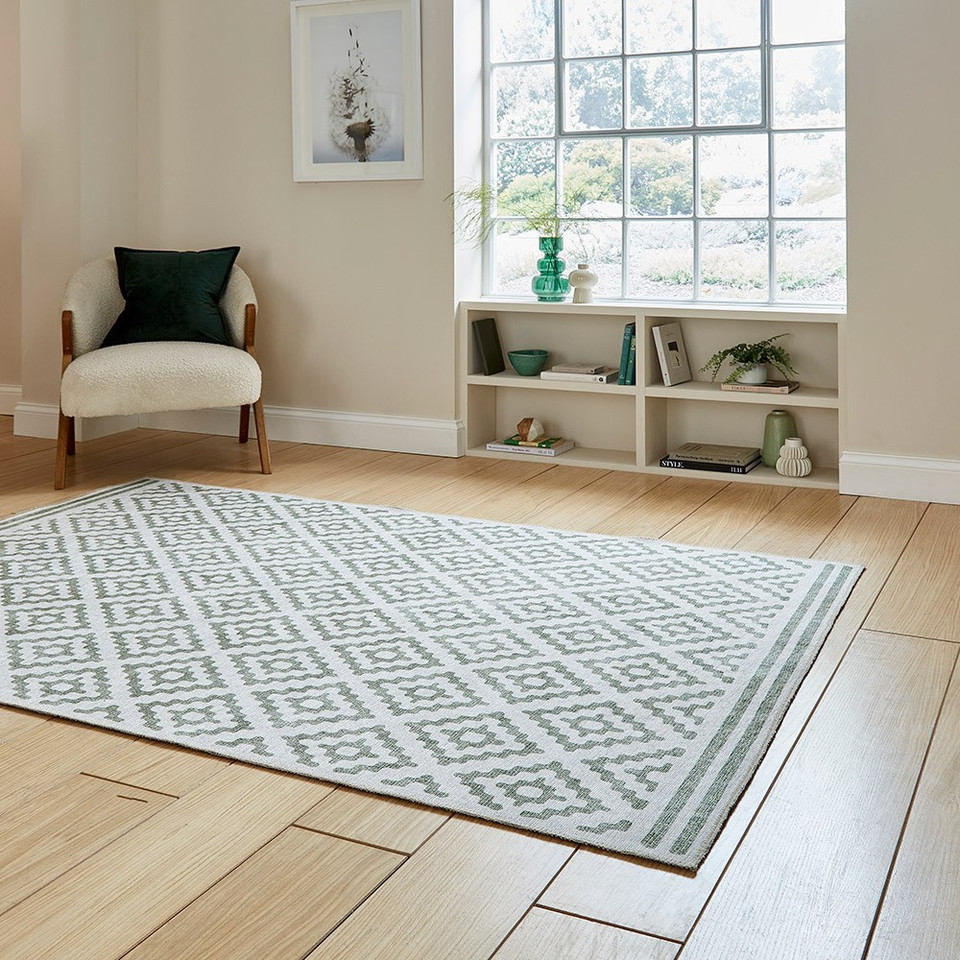 Coral Green Modern Diamonds Washable Rug