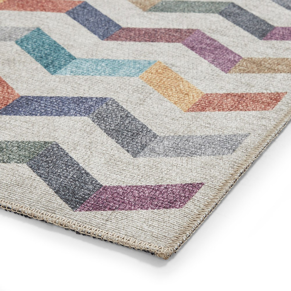 Coral Multi Geometric Waves Washable Rug Runner