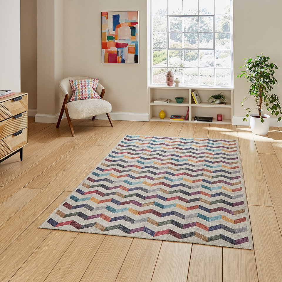 Coral Multi Geometric Waves Washable Rug