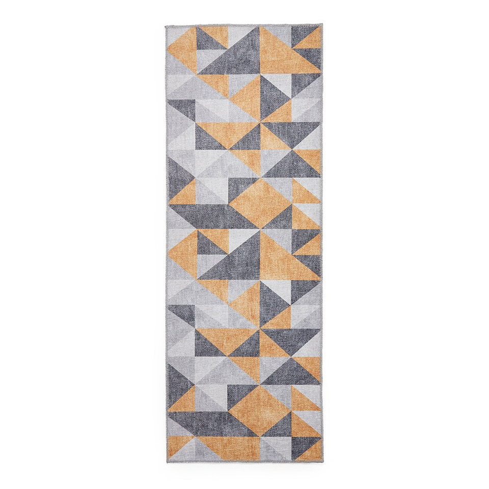 Coral Orange Grey Geometric Washable Rug Runner