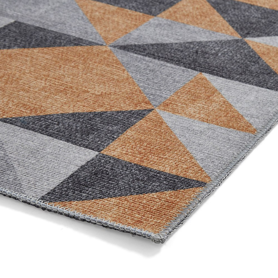 Coral Orange Grey Geometric Washable Rug Runner