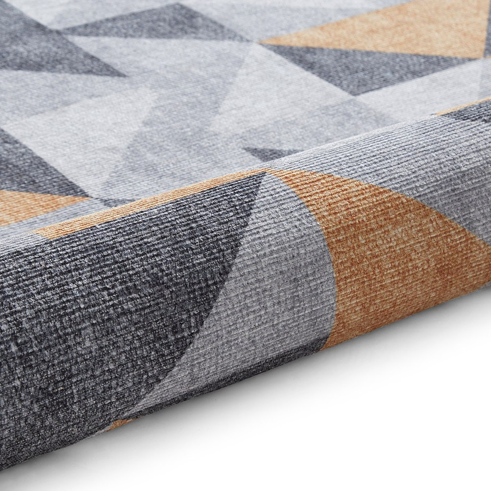 Coral Orange Grey Geometric Washable Rug