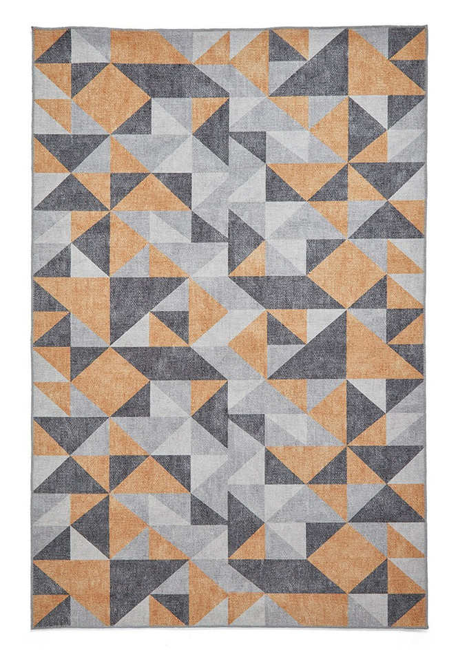 Coral Orange Grey Geometric Washable Rug