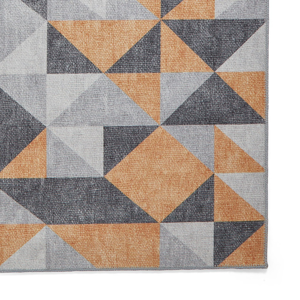 Coral Orange Grey Geometric Washable Rug