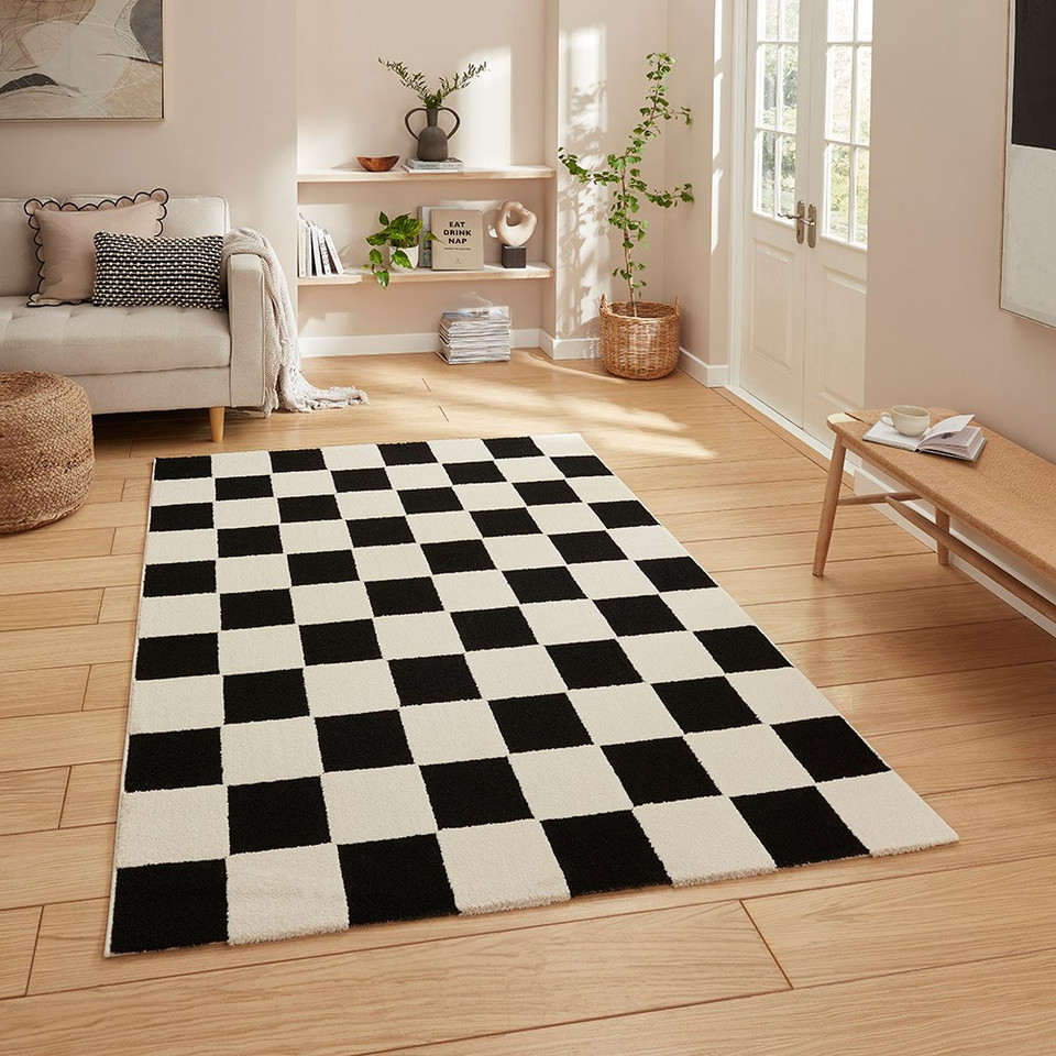 Elio Black White Modern Checker Rug