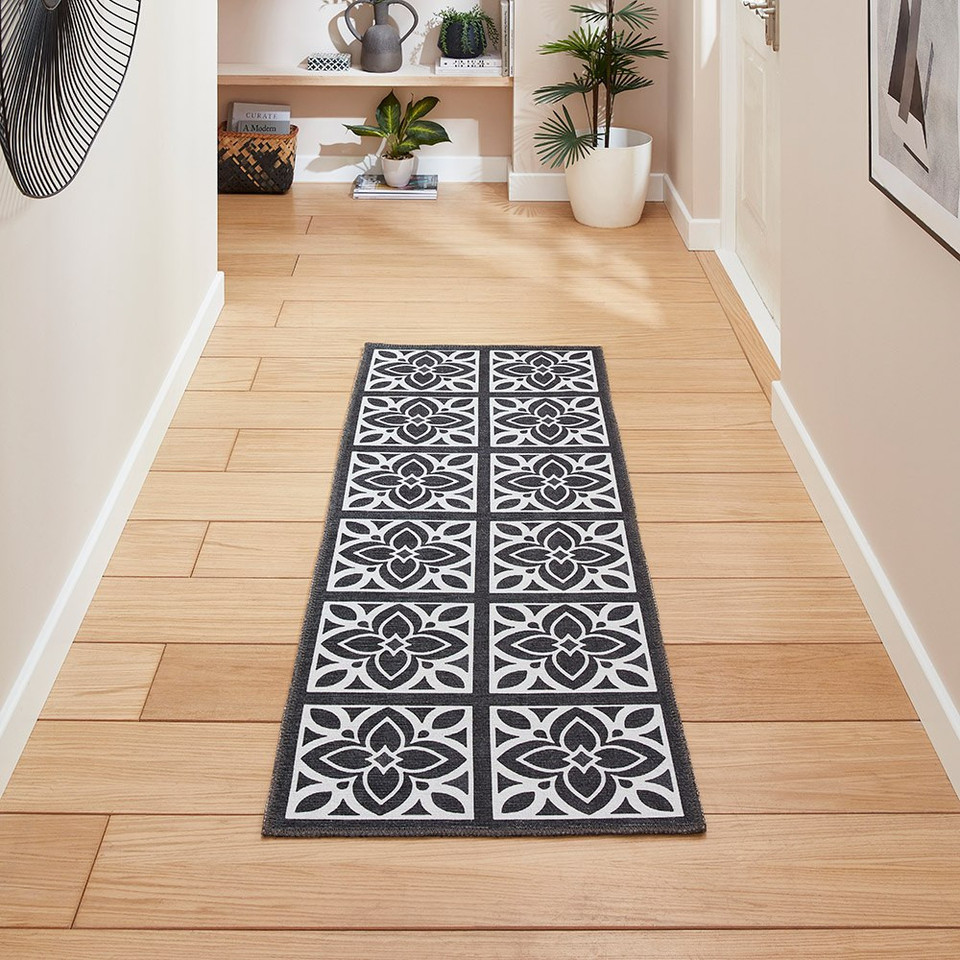 Victoria Dark Grey Floral Washable Rug