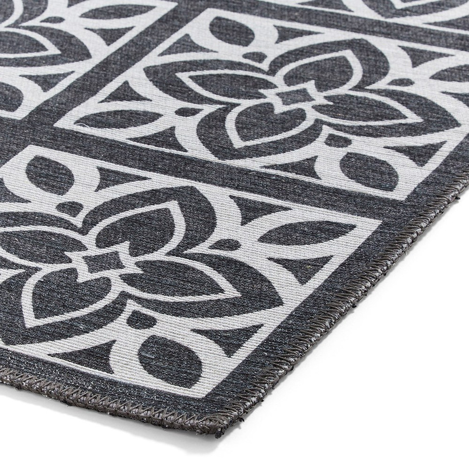 Victoria Dark Grey Floral Washable Rug
