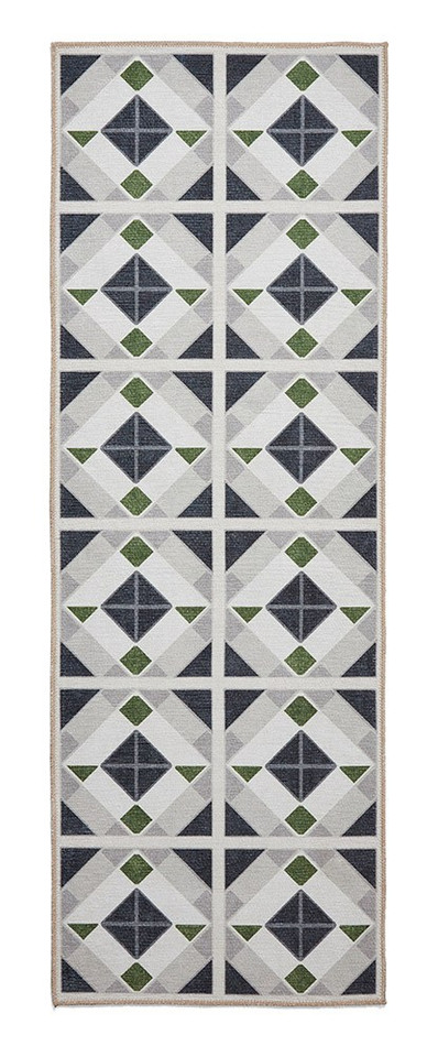 Victoria Grey Green Diamonds Washable Rug Runner