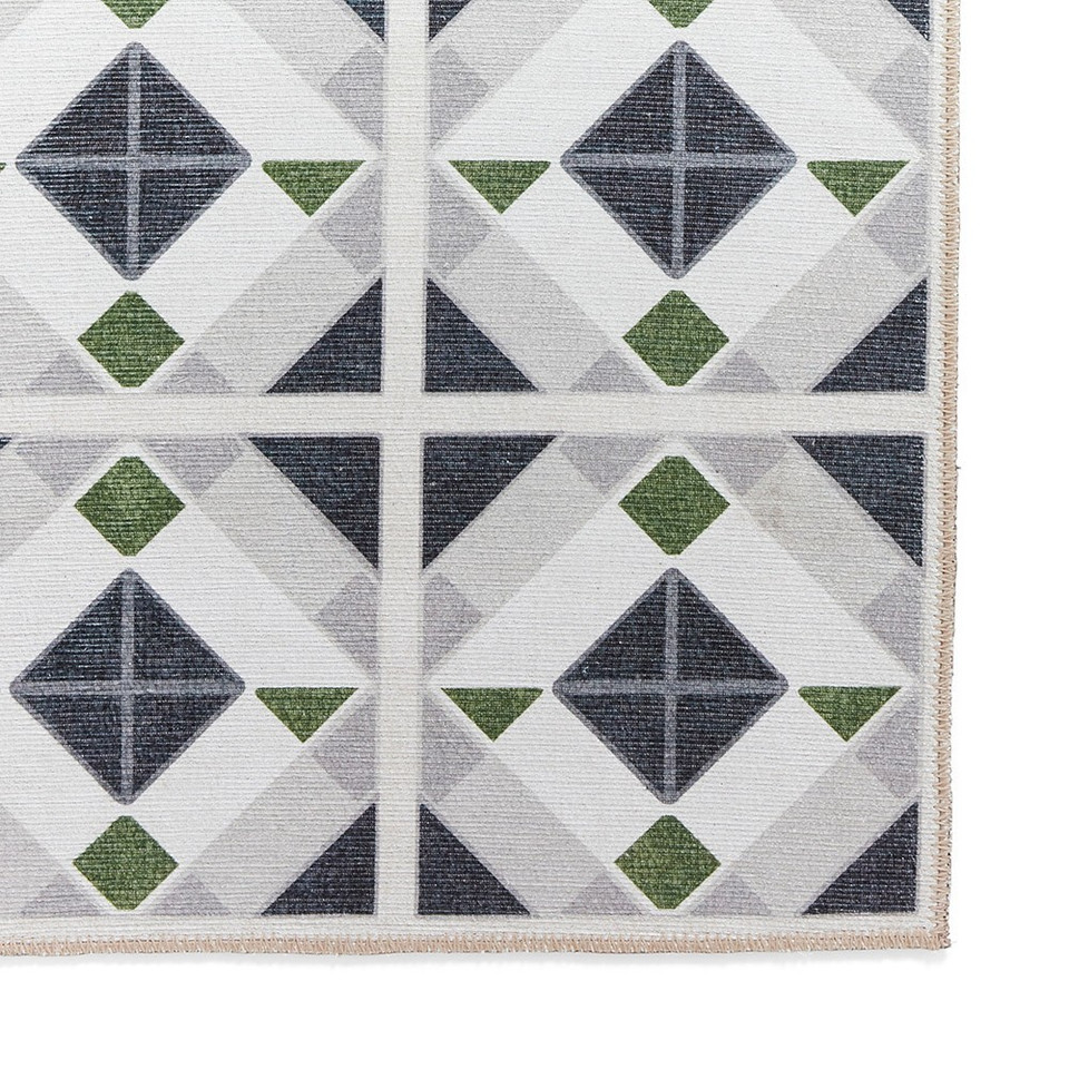 Victoria Grey Green Diamonds Washable Rug Runner