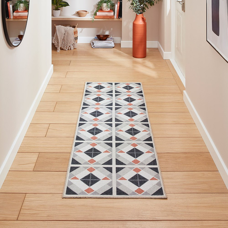 Victoria Grey Orange Diamonds Washable Rug Runner