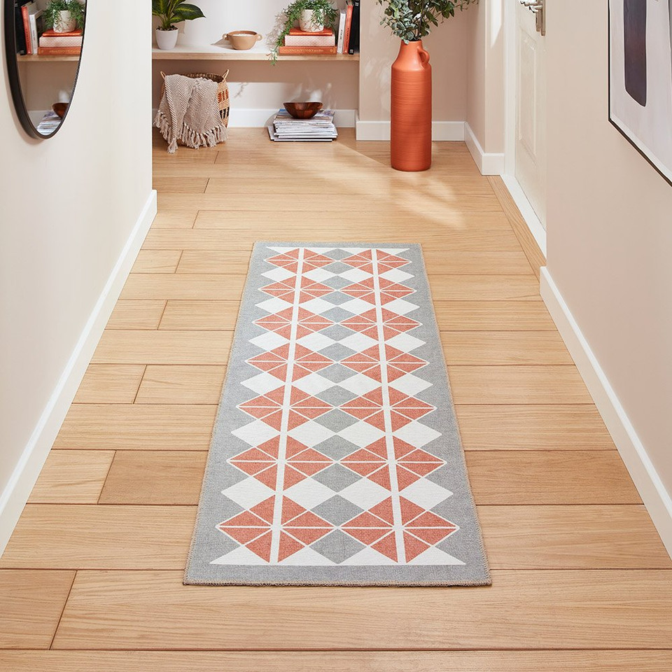 Victoria Grey Orange Modern Diamonds Washable Rug Runner