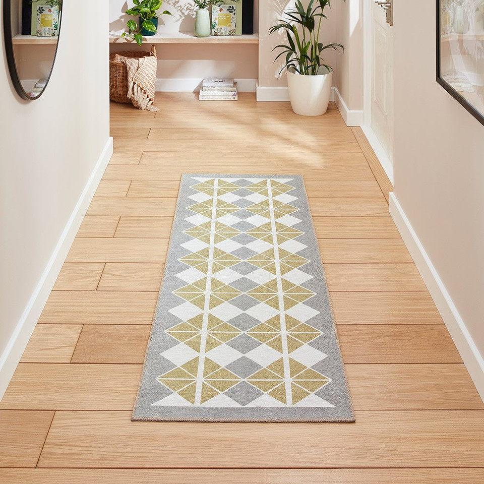 Victoria Grey Yellow Modern Diamonds Washable Rug