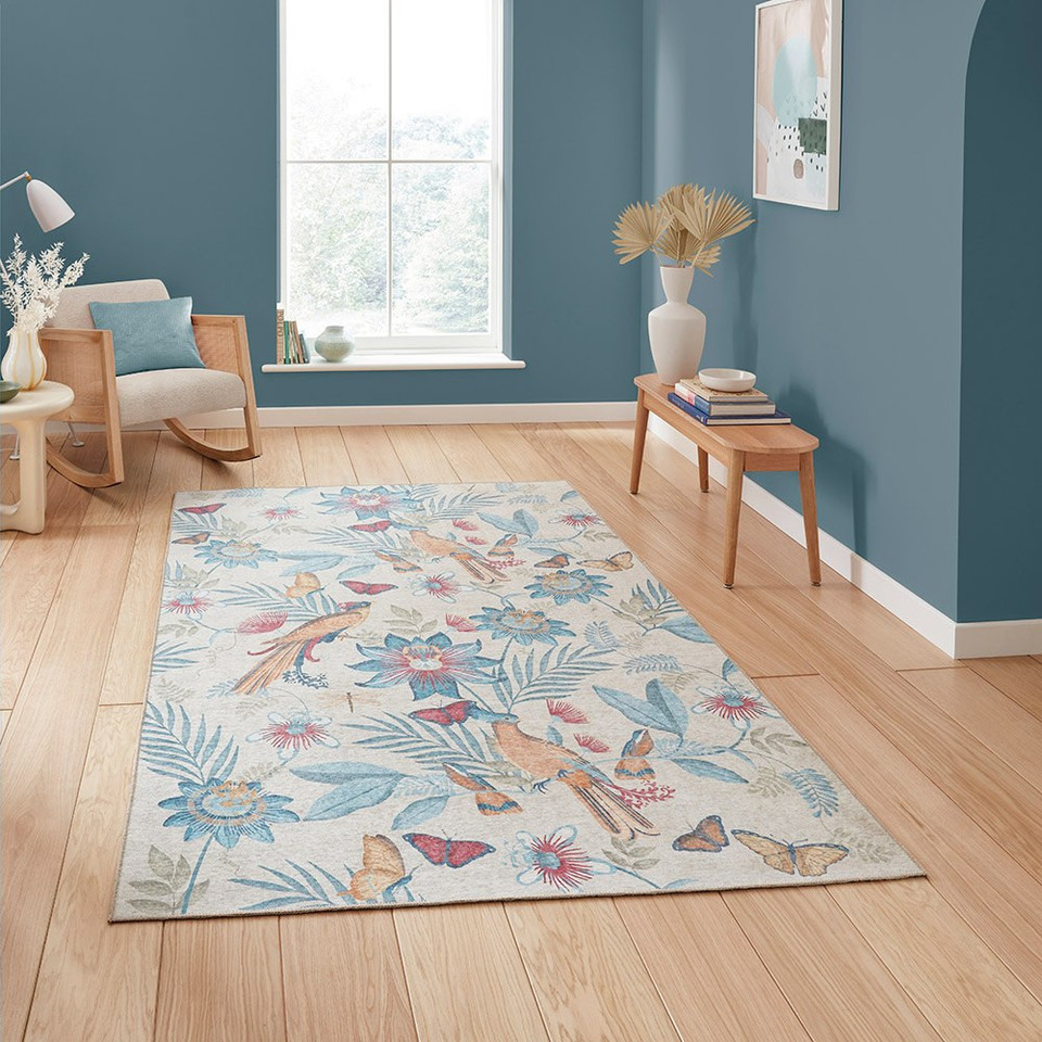 Catherine Lansfield Amaya Tropical Birds Washable Blue Rug