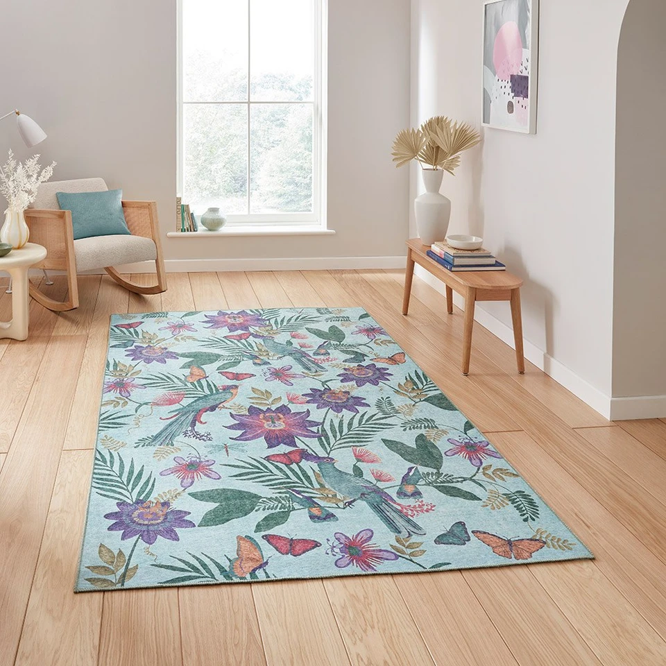 Catherine Lansfield Amaya Tropical Birds Washable Purple Rug