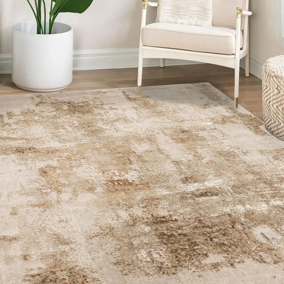 Dusk Marble Champagne Rug in a living room