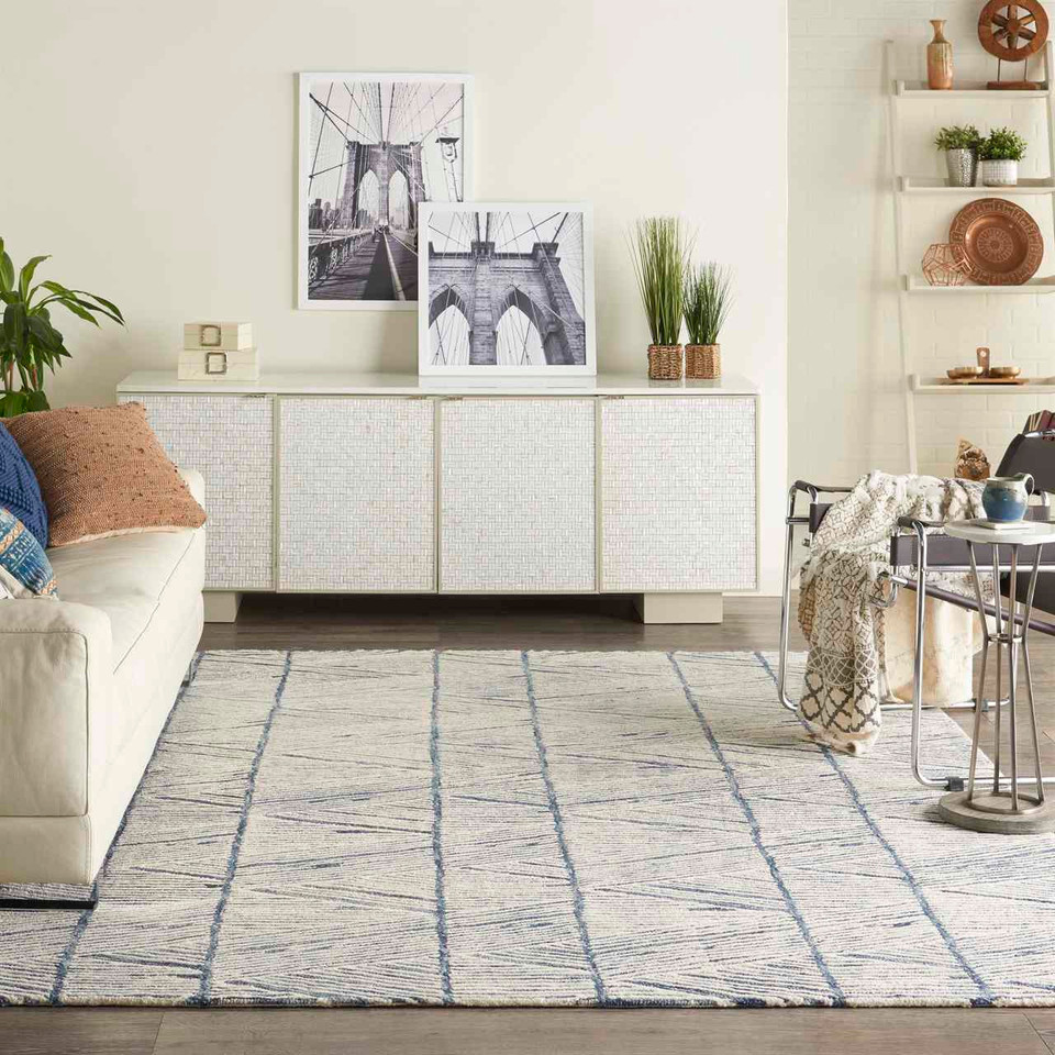 Colorado CLR01 White Blue Wool Rug Runner