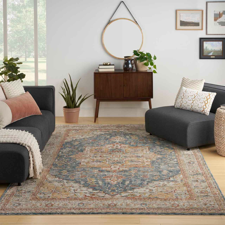 Sahar Traditional Silk Look Rug Ivory Blue Runner