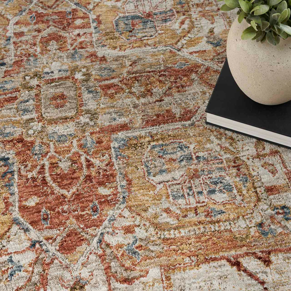 Sahar Traditional Silk Look Rug Ivory Rust Runner