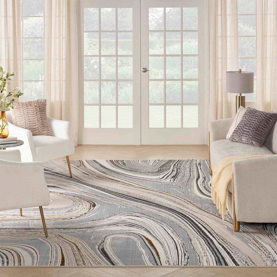 Glitz GLZ21 Grey Gold Metallic Marble Rug Runner