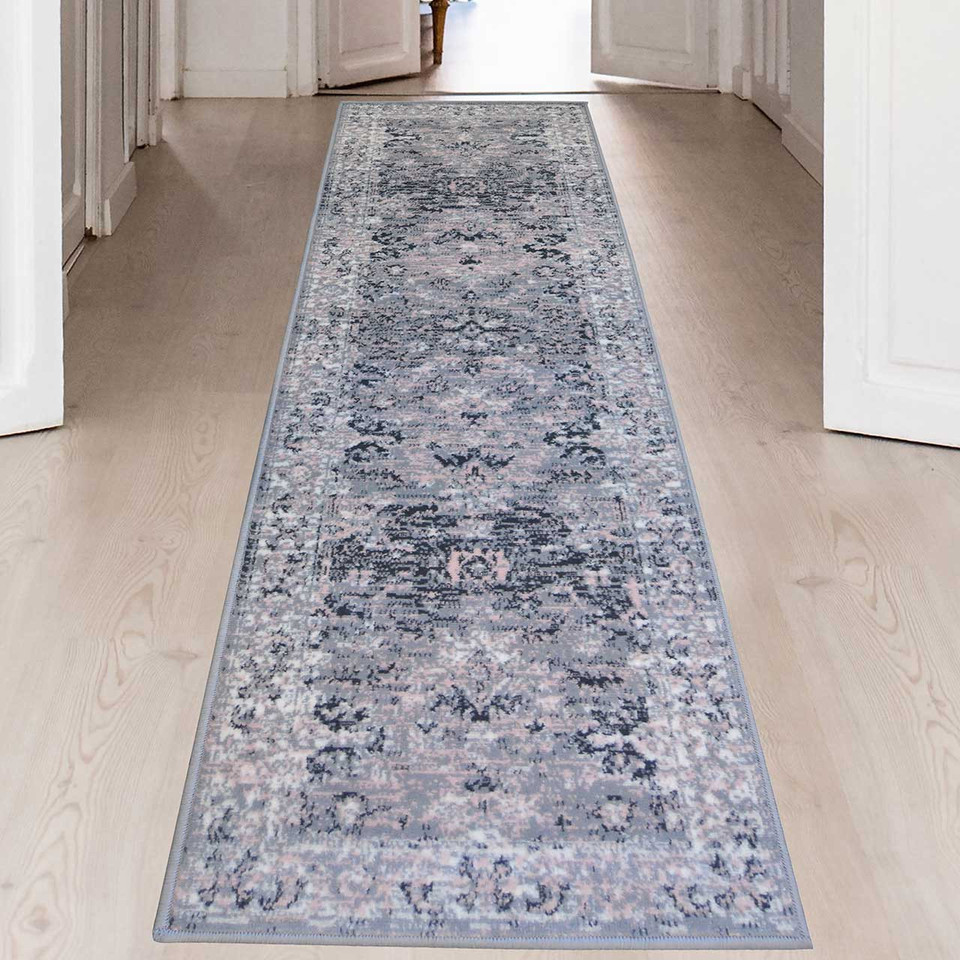 Maestro New Traditional Grey Pink Rug Runner