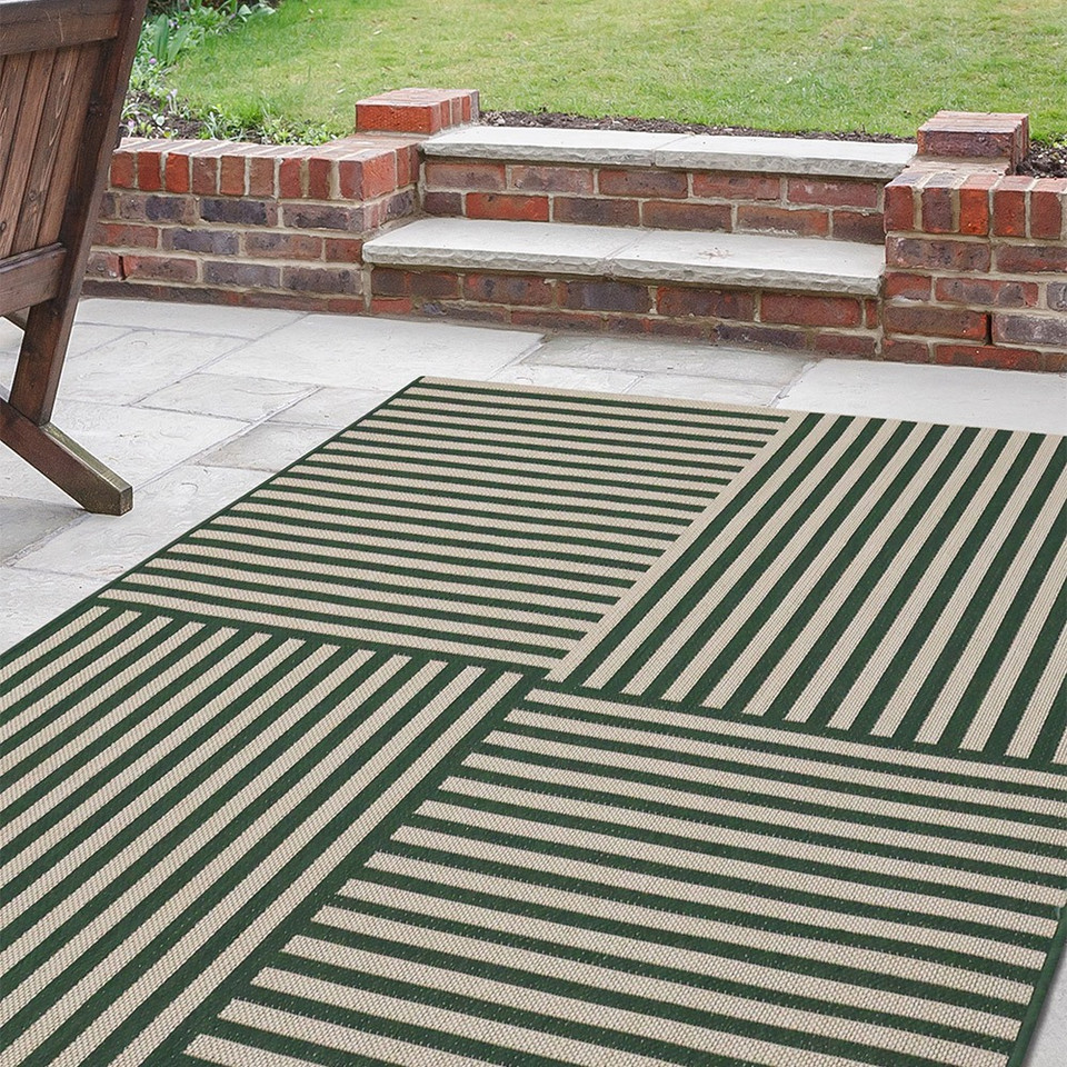 County Multi Stripe Green Indoor Outside Rug Runner