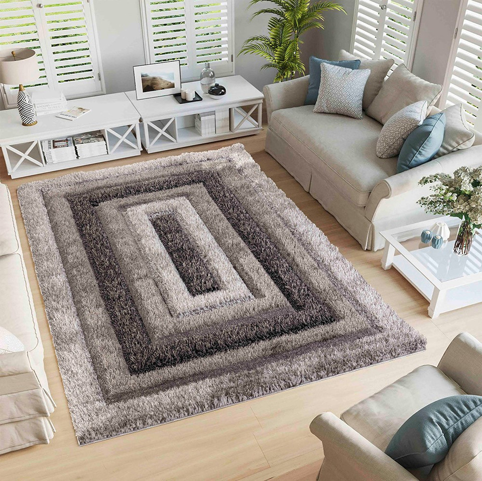 grey shaggy rug in a living room