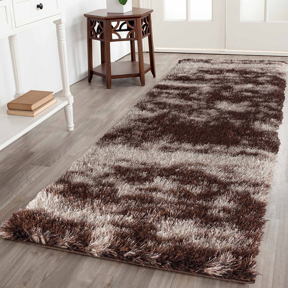 bronze shaggy rug runner in a hallway