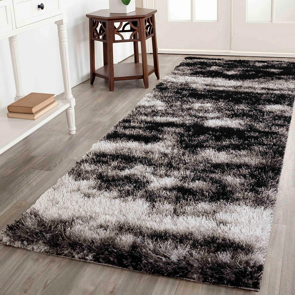dark grey shaggy rug runner in a hallway