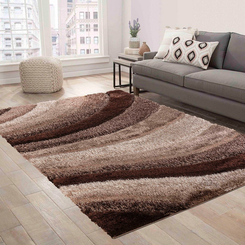 bronze shaggy rug in a living room