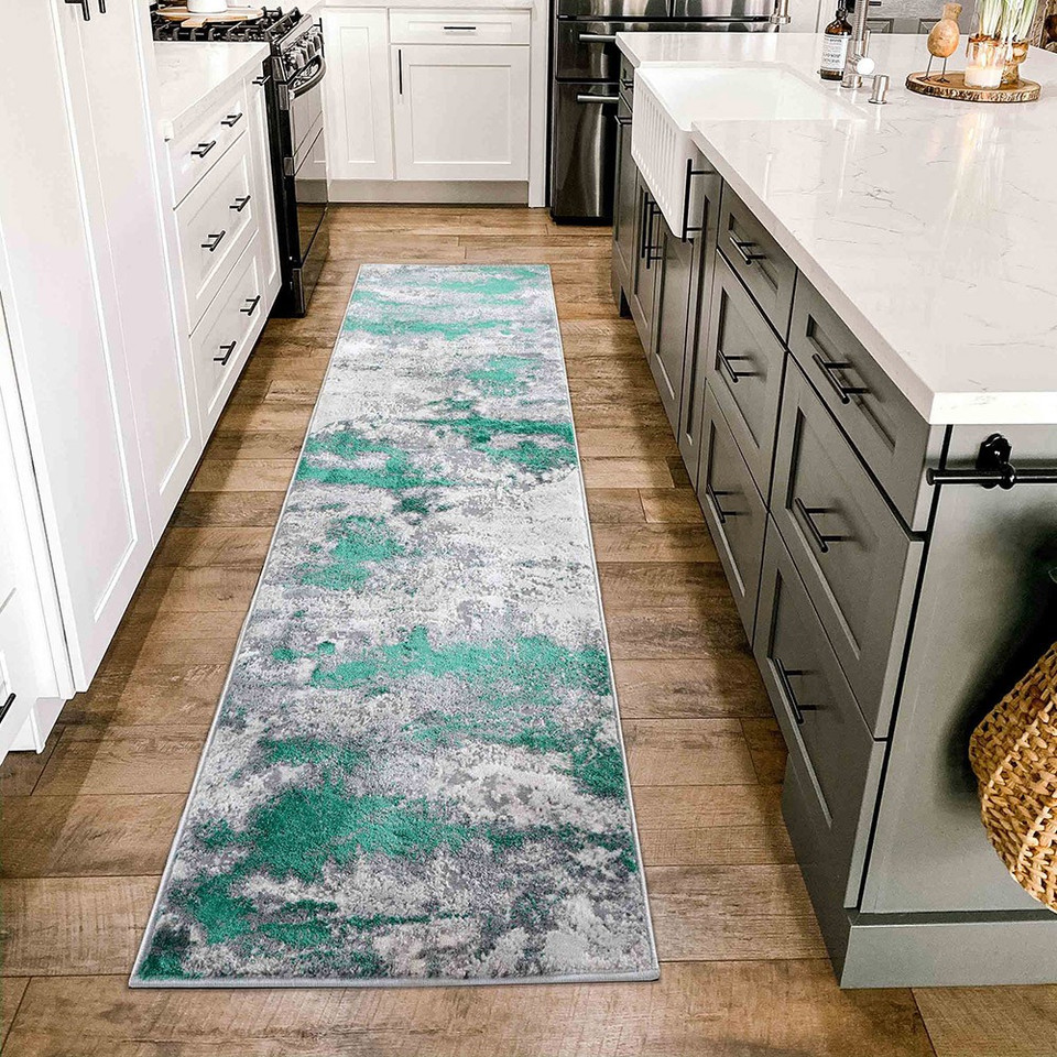 aqua grey abstract rug runner in a kitchen