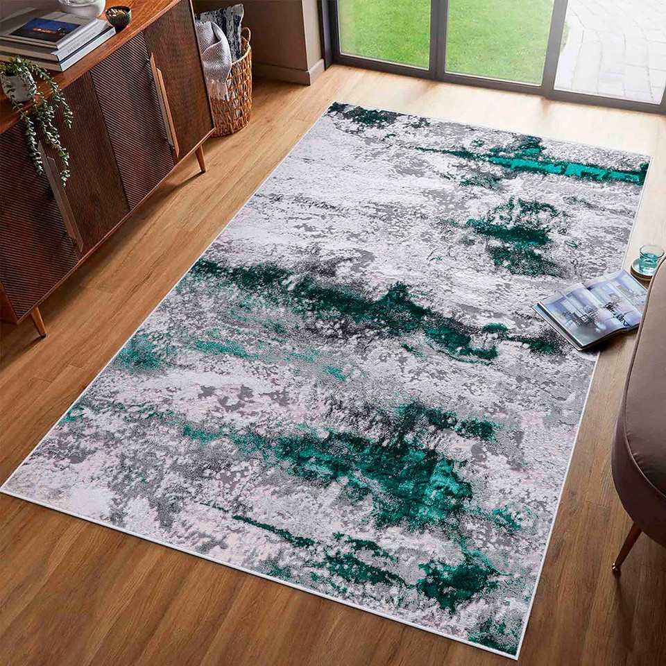 aqua grey abstract rug in a living room