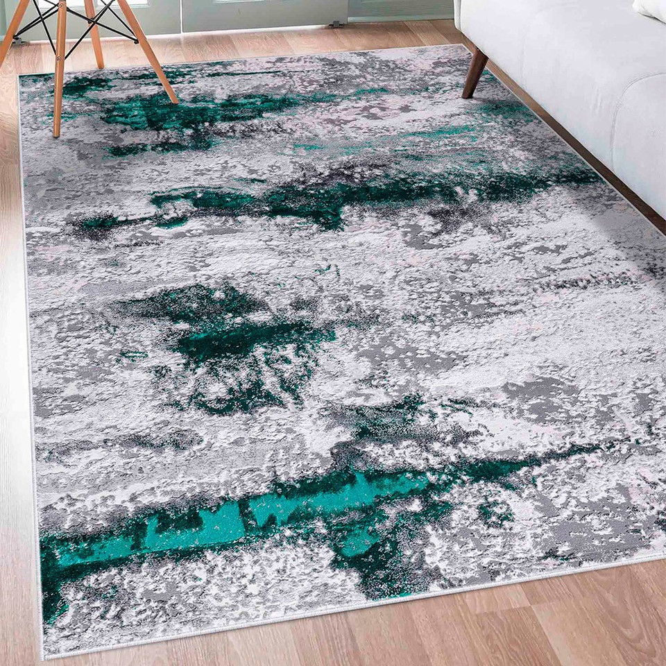 aqua grey abstract rug in a living space