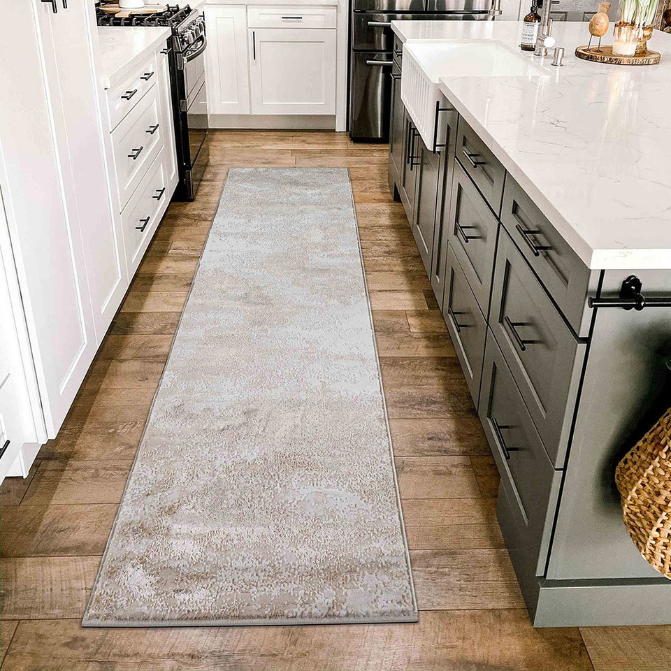 beige abstract rug runner in a kitchen