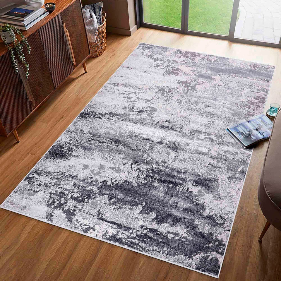 silver grey abstract rug in a living space