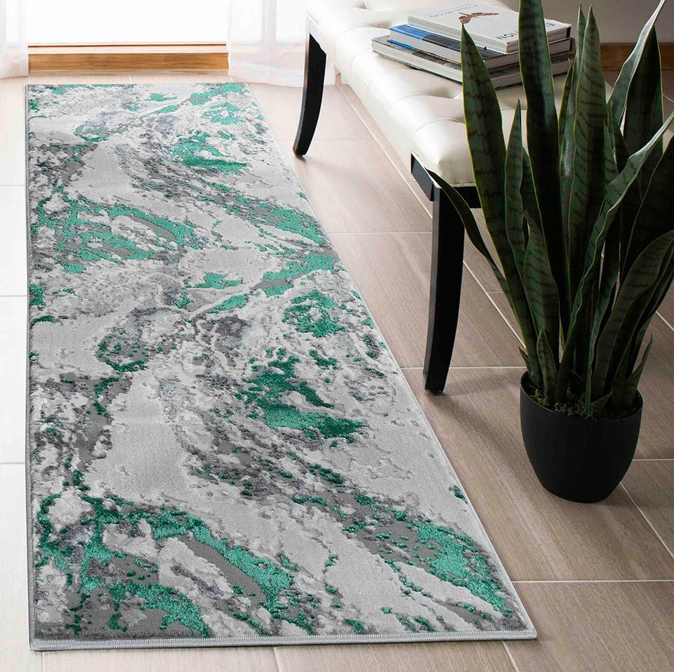 aqua grey abstract rug runner in a hallway