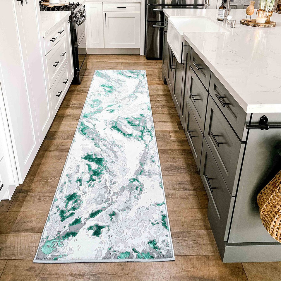 aqua grey abstract rug runner in a kitchen