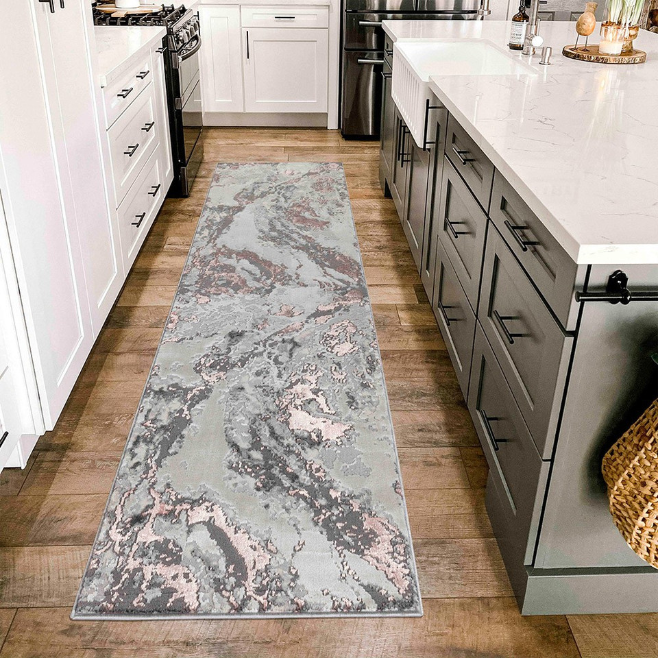 pink grey abstract rug runner in kitchen
