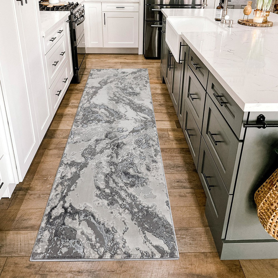 grey abstract rug runner in a kitchen